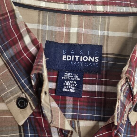 Men's Basic Editions Casual Button Down Shirt Red and Tan - Picture 2 of 3